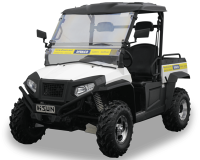 Elektrische 4x4 offroad terreinwagen, geschikt voor ruw terrein en openbare weg; duurzaam alternatief voor diesel- of benzine-Gators.